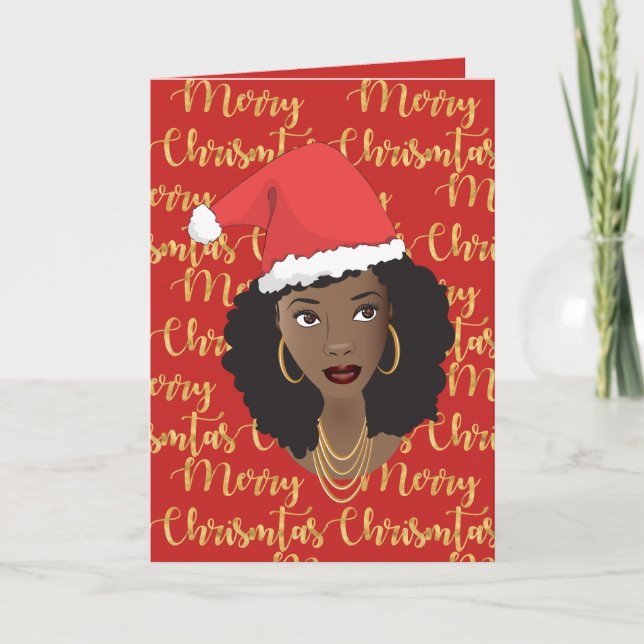 God jul Guld & Red, Black Woman, Santa Hat Kort (Framsida)