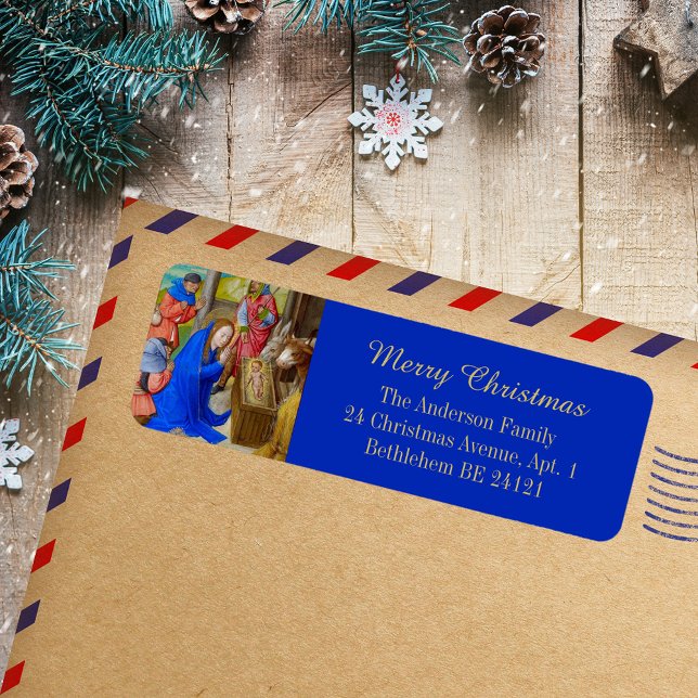 God jul Guld Religiösa Christian Medieval Returadress Etikett (Merry Christmas Gold Blue Religious Christian Catholic Medieval Holiday Return Address Label)