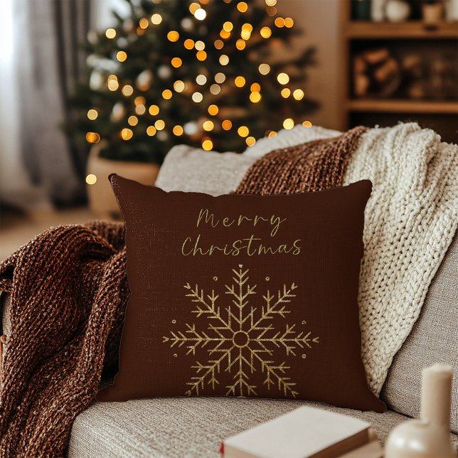 God jul/Guld Snowflake Terracotta Mörk Kudde (Merry Christmas / Gold Snowflake Terracotta Dark Throw Pillow)