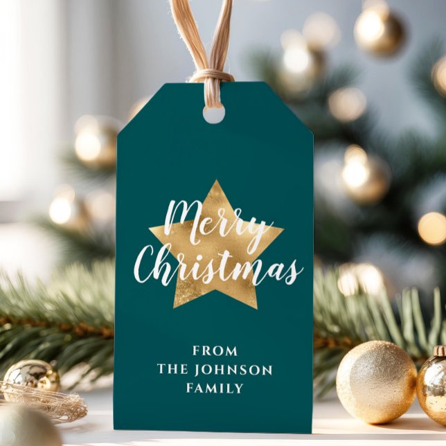 God jul Guld Star Grönt Teal Presentetikett (Merry Christmas Gold Star Green Teal Gift Tags)