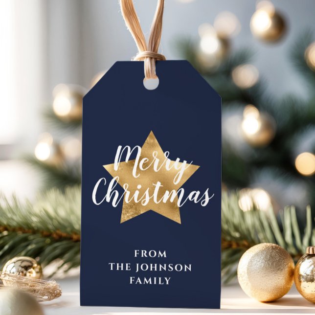 God Jul Guld Stjärna Marinblå Presentetikett (Merry Christmas Gold Star Navy Blue Gift Tags)