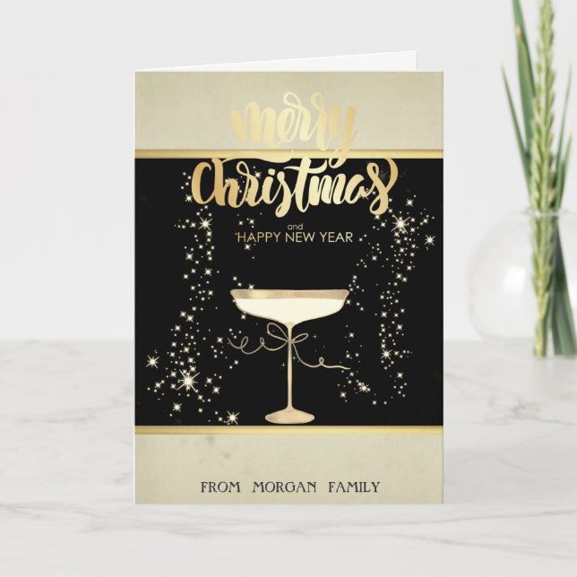 God Jul, Guld Stjärnor Champagneglas Helgkort (Framsida)