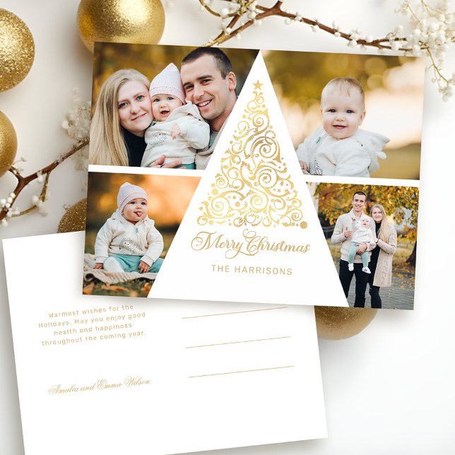 God jul Guld Swirl Träd 4 Fotokollage Helg Vykort (Skapare uppladdad)