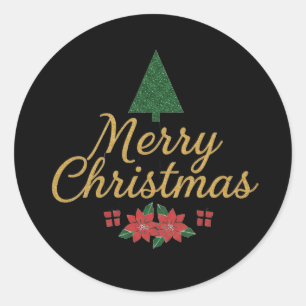 God Jul Guldskrift med Julstjärna & Träd Runt Klistermärke