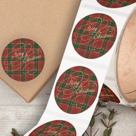 God Jul guldskrift röd grön randig tartan Runt Klistermärke