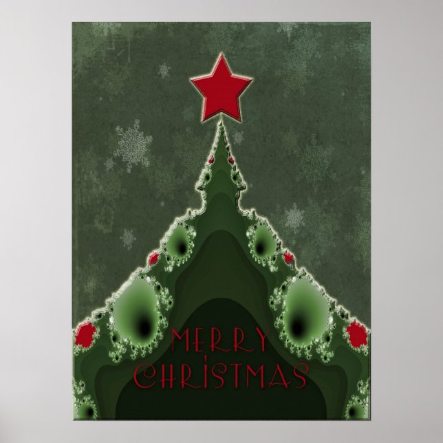 God Jul Hälsning - Fraktal Träd och Stjärna Poster (Framsidan)