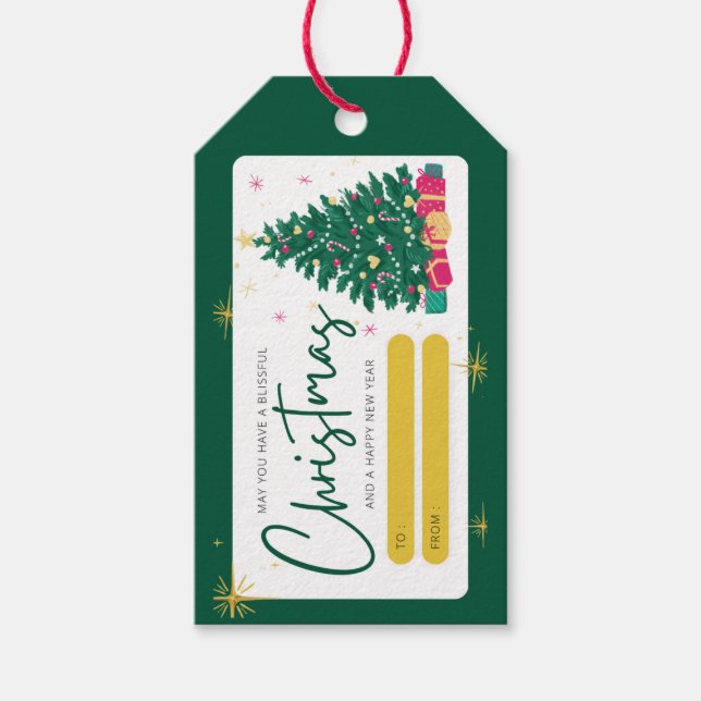 god jul hälsning grönt guld röd presentetikett (Framsidan)