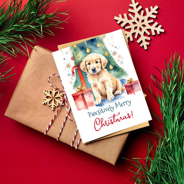God jul hälsning-hämtning för hund människor vykort (Golden retriever puppy Christmas greetings postcard pawsitively merry Christmas watercolor dog lover)