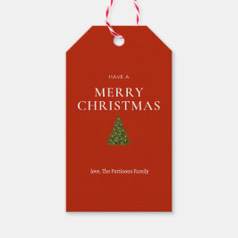God jul hälsning med träd på röd anpassningsbar presentetikett