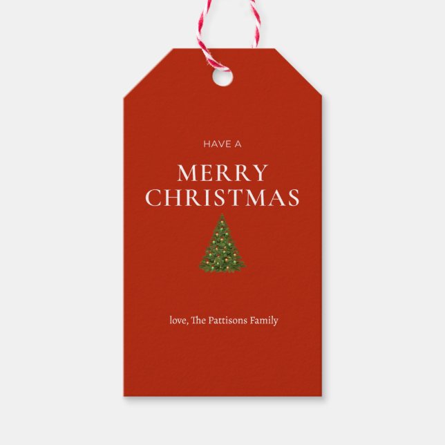 God jul hälsning med träd på röd anpassningsbar presentetikett (Framsidan)