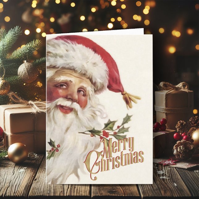 God jul Hälsning Retro Santa Julafton kort (Vintage Christmas cards gold foil Christmas card with retro Santa Claus)