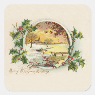 God jul Hälsning Vintage Village Scene Fyrkantigt Klistermärke