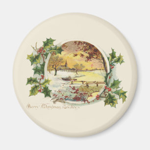 God jul Hälsning Vintage Village Scene Magnet
