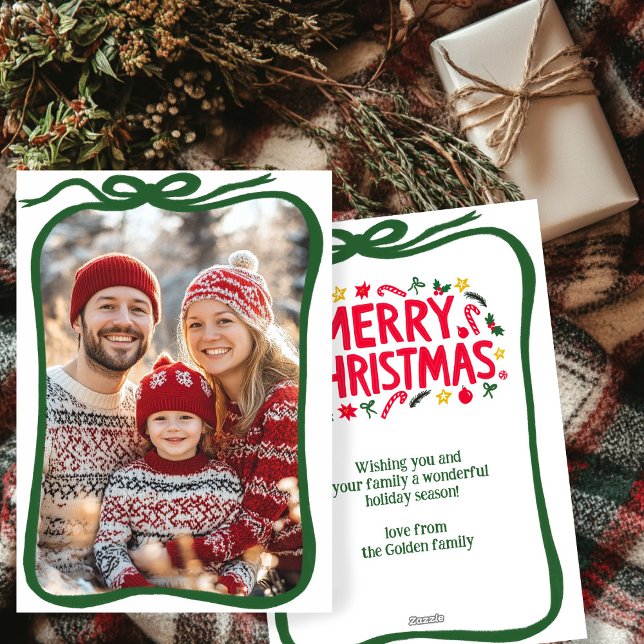 God jul Hand-Drawn ANPASSNINGSBAR PHOTO Julkort (Merry Christmas Hand-Drawn Bow Frame CUSTOM PHOTO Holiday Card
)