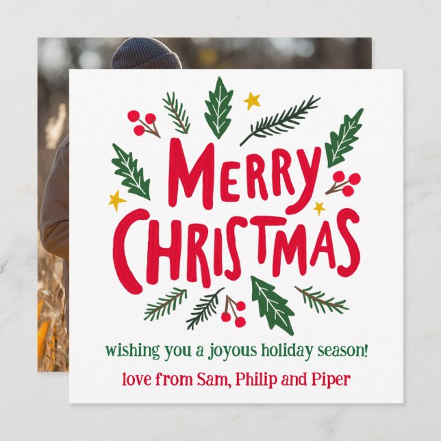 GOD JUL Hand-Drawn ANPASSNINGSBAR PHOTO Julkort (Fram/baksida)