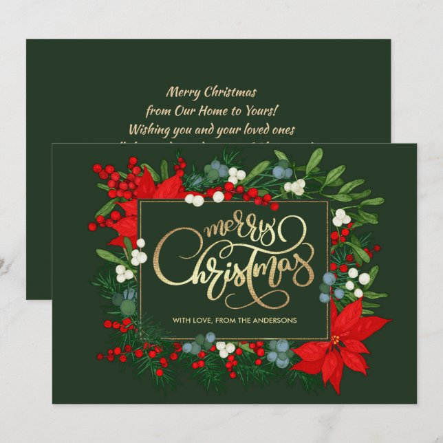 God Jul. Hand plockade Mistletoe, Poinsettia Julkort (Fram/baksida)