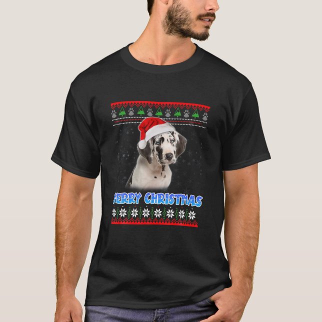 God jul Harlequin Great dane Santa Ugly Xm T Shirt (Framsida)