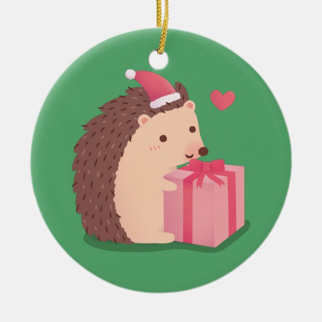 God jul Hedgehog med nuvarande läge Julgransprydnad Keramik (Framsidan)