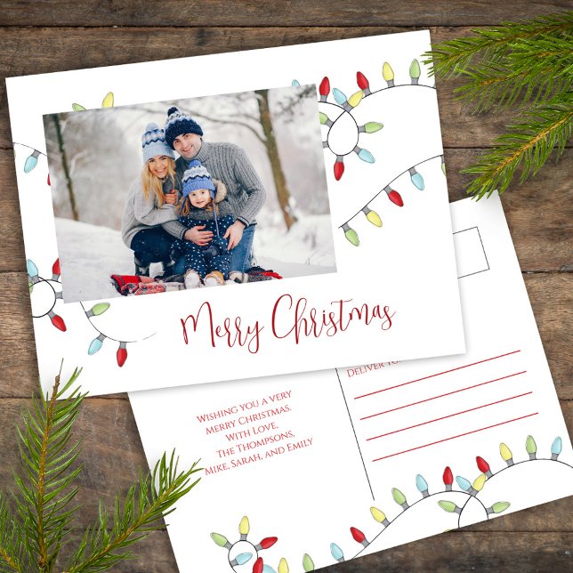 God jul Helgdag Cute Festive String Ljus Helg Vykort (Merry Christmas holiday photo postcard with whimsical cute string lights. )