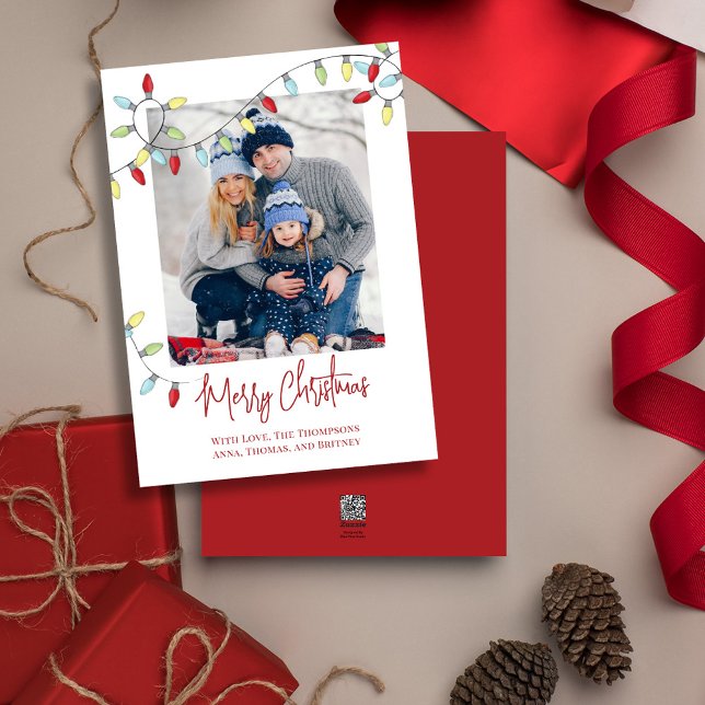 God jul Helgdag Cute Festive String Ljus Julkort (Merry Christmas cute calligraphy script single photo greeting card template. )