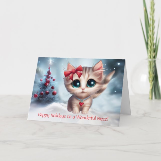 God jul, Helgdag Cute Kitten Cat med Bow Kort (Framsida)