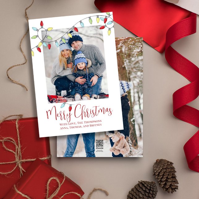 God jul Helgdag Cute String Ljus 2 Photo Julkort (Merry Christmas cute calligraphy script two photo greeting card template. )