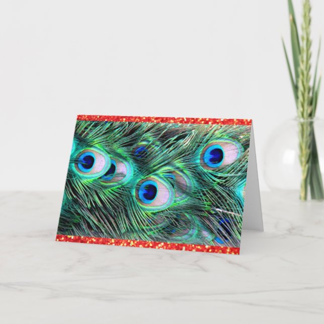 God jul Helgdag Peacock och Röda Glitter Helgkort (Framsida)