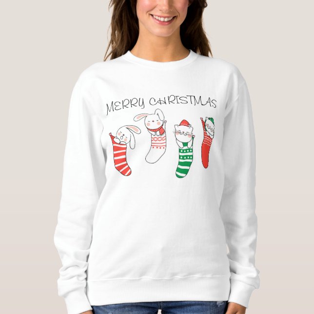 God jul Helgdag Stocking Cats and Rabbits T Shirt (Framsida)