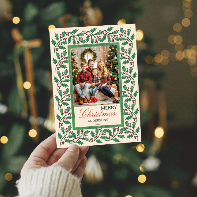 God jul heliga bärgningsfoto ram julkort (Merry Christmas holy berry one photo frame Holiday Card watercolor winter greenery photo cards)
