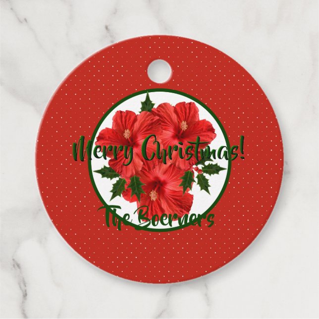 God jul Hibiscus Holly Helgdag Red & Grönt Gåvor Etiketter (Framsida)