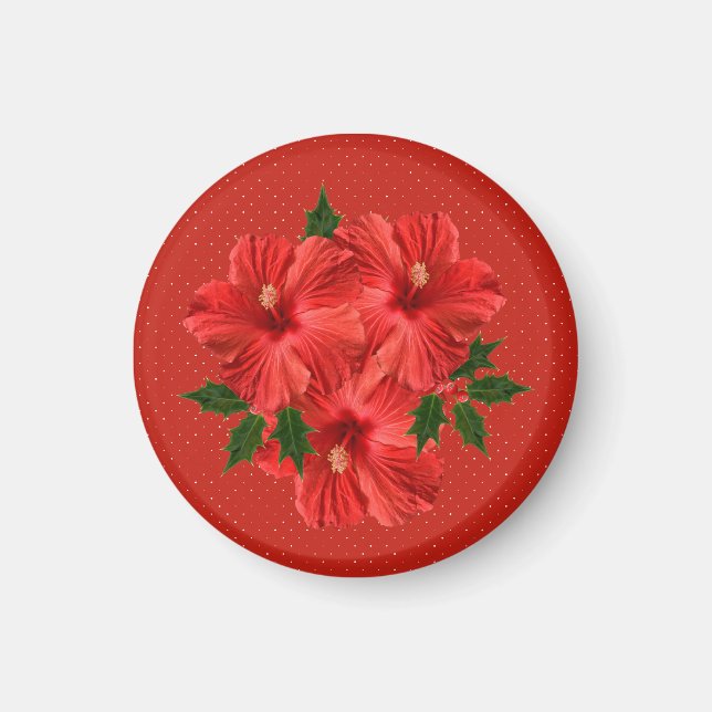God jul Hibiscus Holly Helgdag Red & Grönt Magnet (Framsidan)