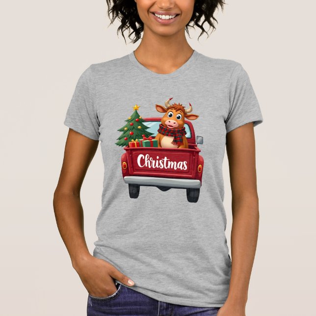 God Jul Highland Cow Julgran Röd Lastbil T Shirt (Framsida)