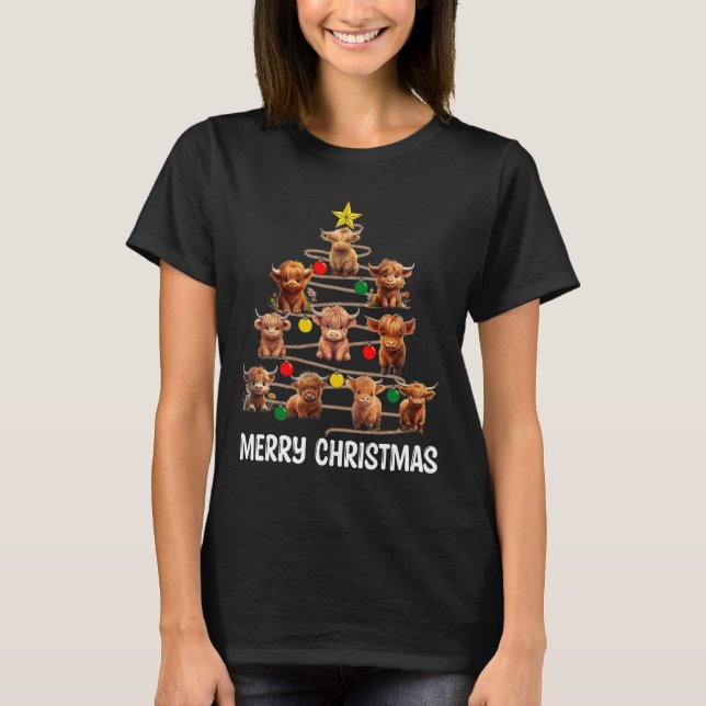 God jul Highland Cow Westernare Julafton Träd Paj T Shirt (Framsida)