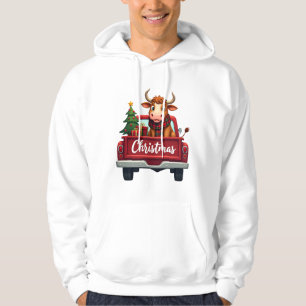 God Jul Highland Ko Christmas Träd Röd Lastbil Hoodie