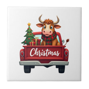 God Jul Highland Ko Christmas Träd Röd Lastbil Kakelplatta