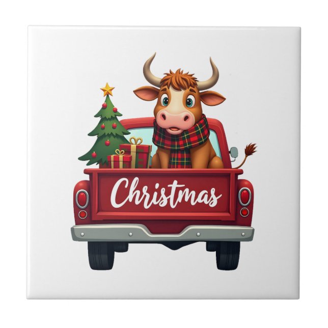 God Jul Highland Ko Christmas Träd Röd Lastbil Kakelplatta (Framsidan)