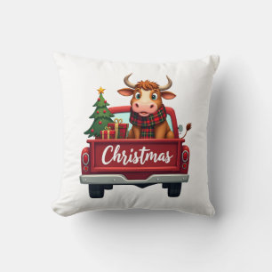 God Jul Highland Ko Christmas Träd Röd Lastbil Kudde