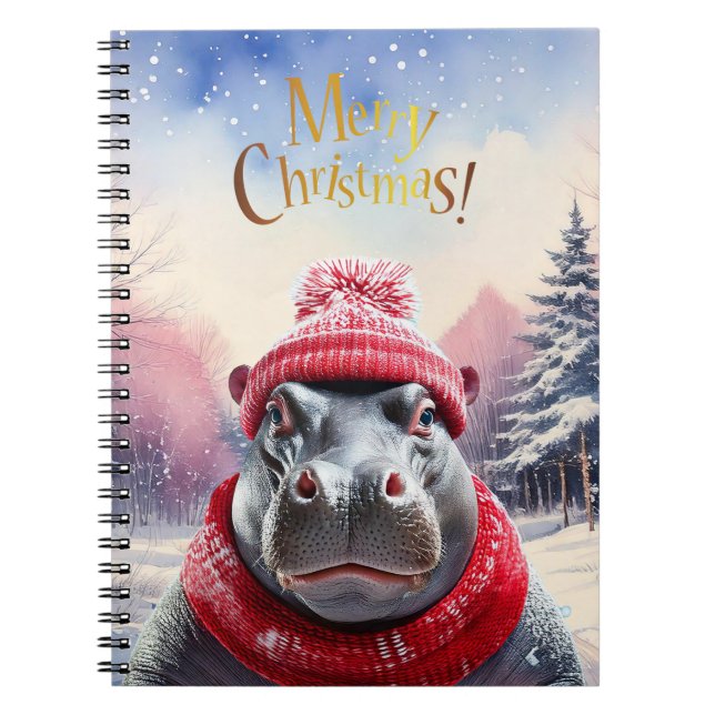 God jul Hippo Santa hat och scarf Anteckningsbok (Framsidan)