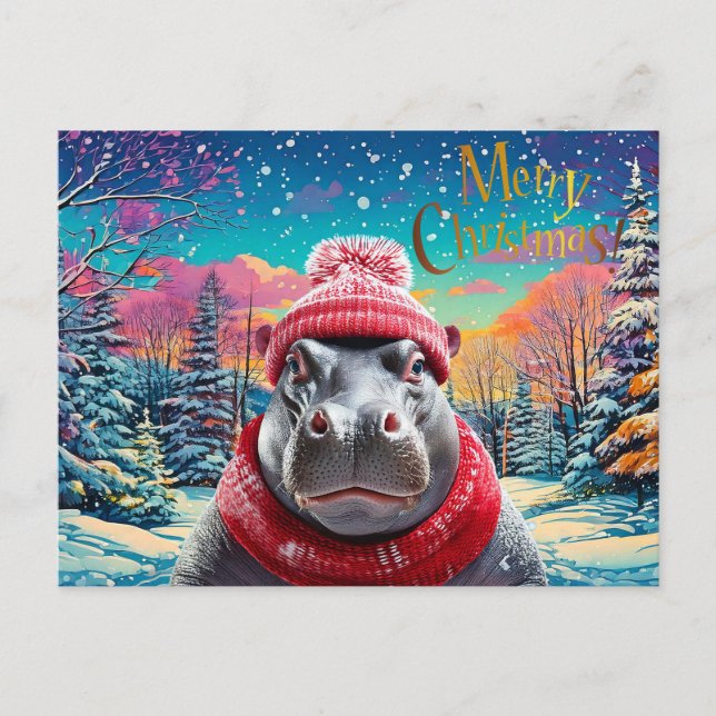 God jul Hippo Santa hat och scarf Helg Vykort (Framsida)