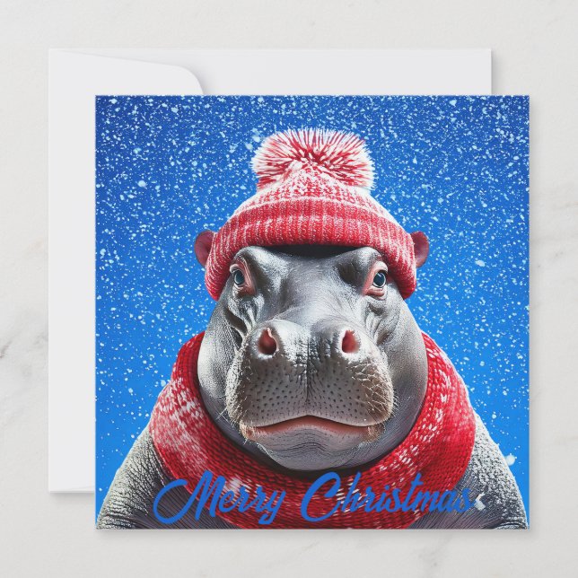 God jul Hippo Santa hat och scarf Julkort (Framsida)