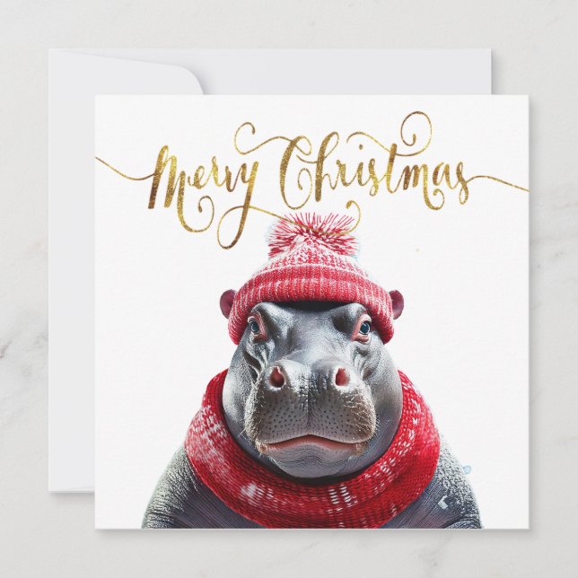 God jul Hippo Santa hat och scarf Julkort (Framsida)