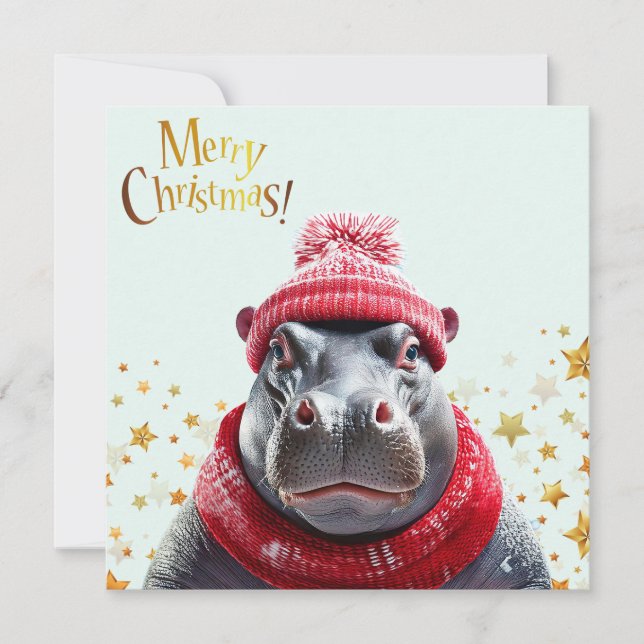 God jul Hippo Santa hat och scarf Julkort (Framsida)