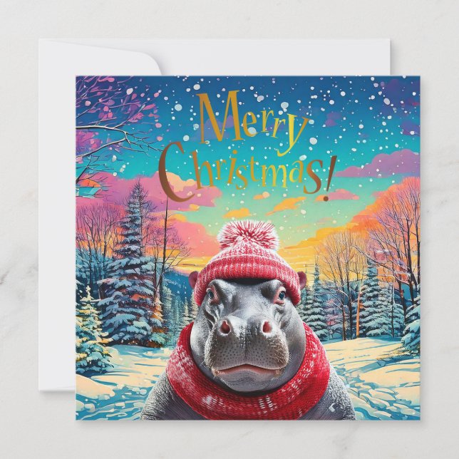 God jul Hippo Santa hat och scarf Julkort (Framsida)