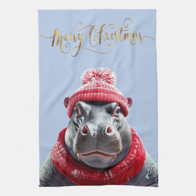 God jul Hippo Santa hat och scarf Kökshandduk (Vertikal)