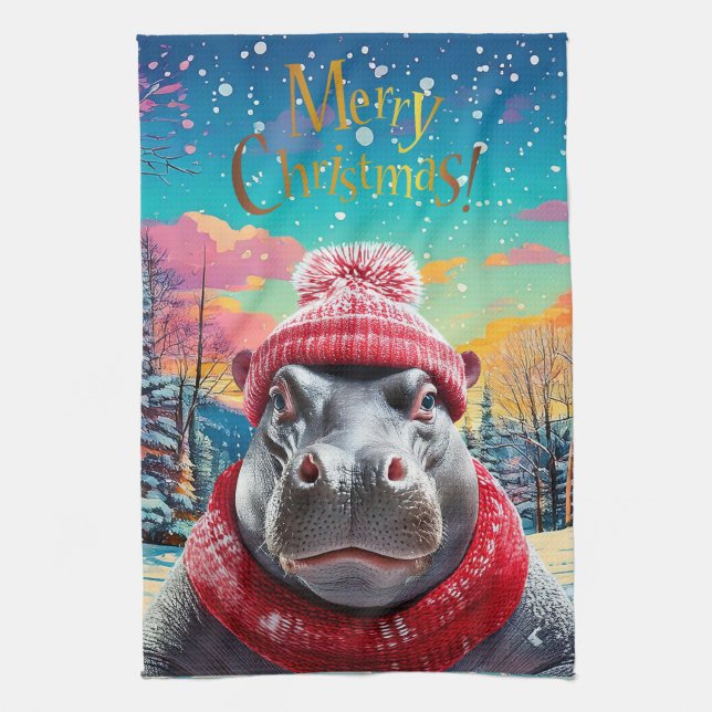 God jul Hippo Santa hat och scarf Kökshandduk (Vertikal)