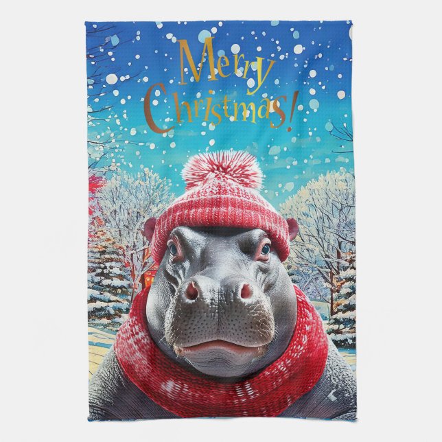 God jul Hippo Santa hat och scarf Kökshandduk (Vertikal)