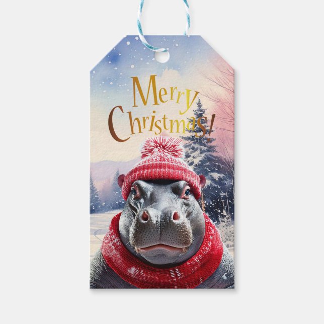 God jul Hippo Santa hat och scarf Presentetikett (Framsidan)