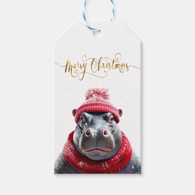 God jul Hippo Santa hat och scarf Presentetikett (Framsidan)