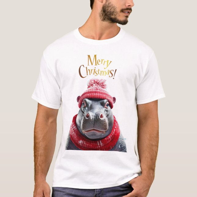 God jul Hippo Santa hat och scarf T Shirt (Framsida)