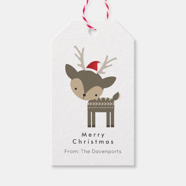 God jul Hjort i Anpassningsbarna Red Santa Hat Presentetikett (Framsidan)
